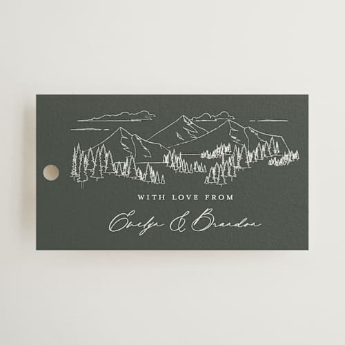 This is a hunter wedding favor tags with standard by Sarah Brown called peaks printing on signature in tag