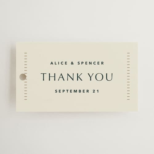 This is a fir wedding favor tags with standard by Kindred Fields called deco arch printing on signature in tag
