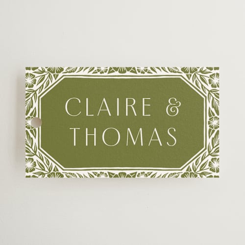 This is a avocado wedding favor tags with standard by Katharine Watson called inlay frame printing on signature in tag