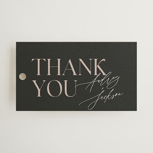 This is a truffle wedding favor tags with standard by Vera Lim called the arc printing on signature in tag