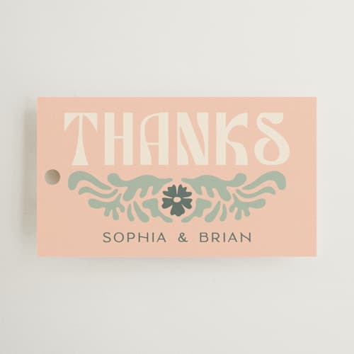 This is a sage wedding favor tags with standard by GeekInk Design called nouveau frame printing on signature in tag