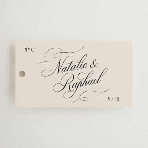 This is a black tie wedding favor tags with standard by Hooray Creative called scripted names printing on signature in tag