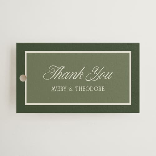 This is a moss wedding favor tags with standard by Kelly Watkins called literary printing on signature in tag