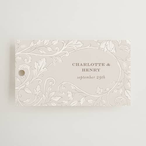 This is a natural wedding favor tags with standard by BR Designs called vintage flourishes printing on signature in tag