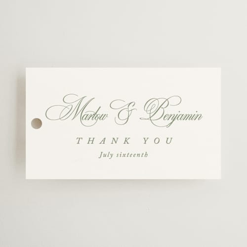 This is a garden wedding favor tags with standard by Kelly Schmidt called chic script printing on signature in tag