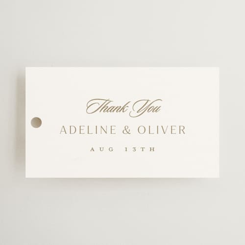 This is a golden wedding favor tags with standard by Stacey Meacham called classic decorum printing on signature in tag