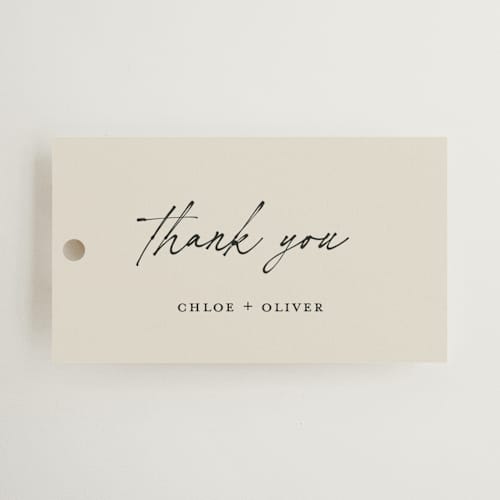 This is a jasmine wedding favor tags with standard by Pippa Shaw called modern classic printing on signature in tag