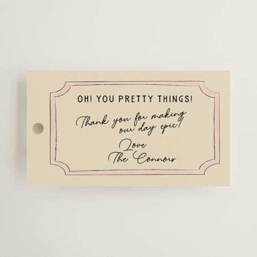 This is a linen wedding favor tags with standard by Helena Vitto called modern fairy tale printing on signature in tag