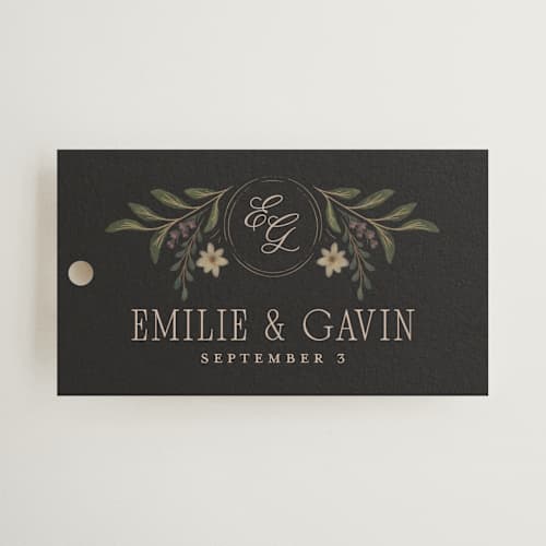 This is a noir wedding favor tags with standard by Randi Cirelli called emilie printing on signature in tag