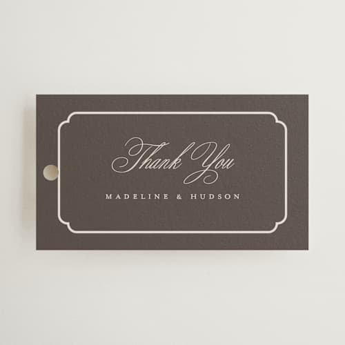 This is a cognac wedding favor tags with standard by Emily Betts called arch frame printing on signature in tag