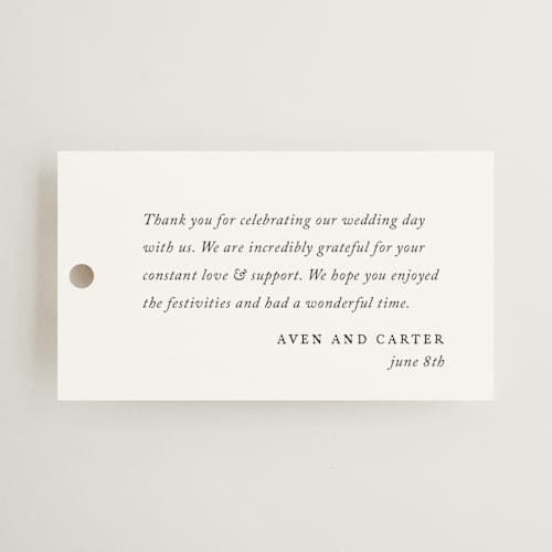 This is a ink wedding favor tags with standard by Jennifer Postorino called storybook printing on signature in tag