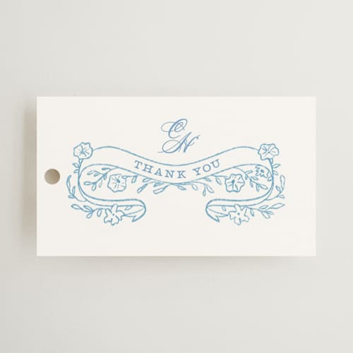 This is a capri wedding favor tags with standard by Creo Study called royalty printing on signature in tag