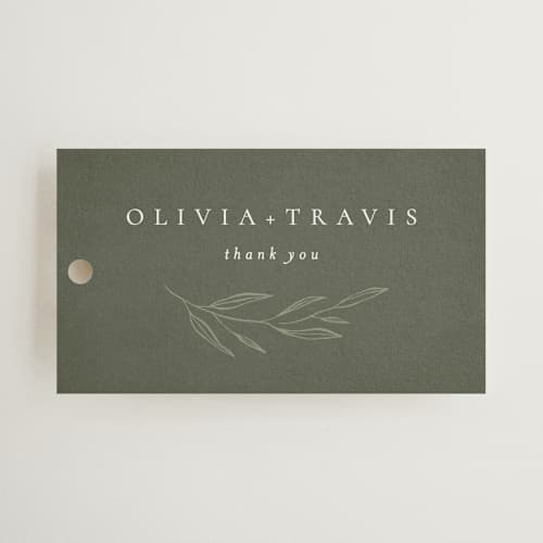 This is a moss wedding favor tags with standard by Kelly Schmidt called leaves printing on signature in tag