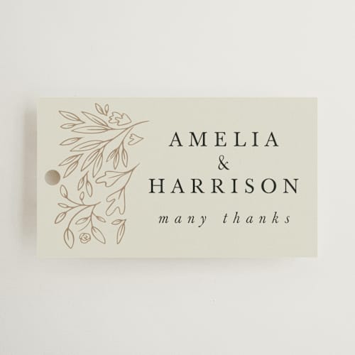 This is a taupe wedding favor tags with standard by Hannah Williams called foil botanical frame printing on signature in tag