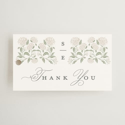 This is a tea time wedding favor tags with standard by Susan Zinader called shimmering hydrangeas printing on signature in tag