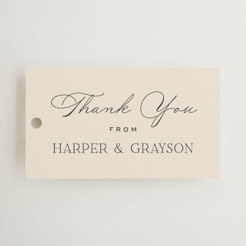 This is a creme wedding favor tags with standard by Carly Reed Walker called tendu printing on signature in tag