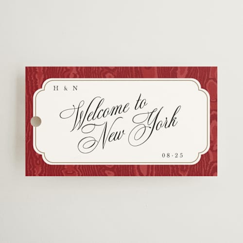 This is a crimson wedding favor tags with standard by Studio Suku called moiré printing on signature in tag