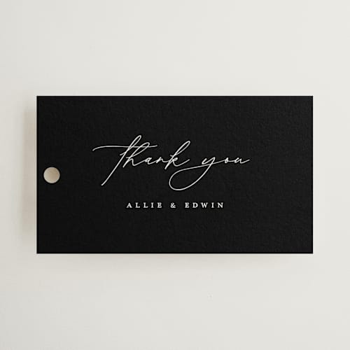 This is a pearl wedding favor tags with standard by Christie Garcia called everly printing on signature in tag