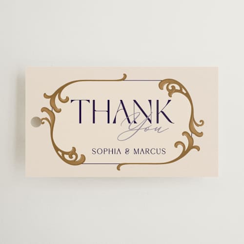 This is a cerulean wedding favor tags with standard by GeekInk Design called gilded printing on signature in tag