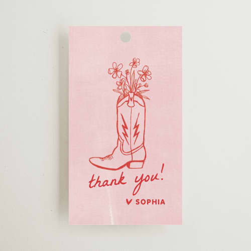 This is a strawberry wedding favor tags with standard by Erin Kessler called party boots printing on signature in tag