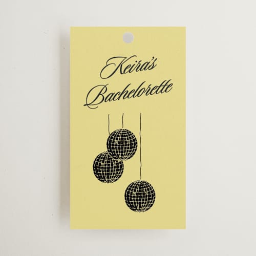 This is a butter wedding favor tags with standard by Inkblot Design called cocktails and convos printing on signature in tag