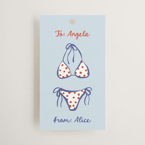 This is a ocean wedding favor tags with standard by Kristen Dunn called bikinis & martinis printing on signature in tag