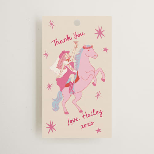 This is a flamingo wedding favor tags with standard by Elly called rodeo printing on signature in tag