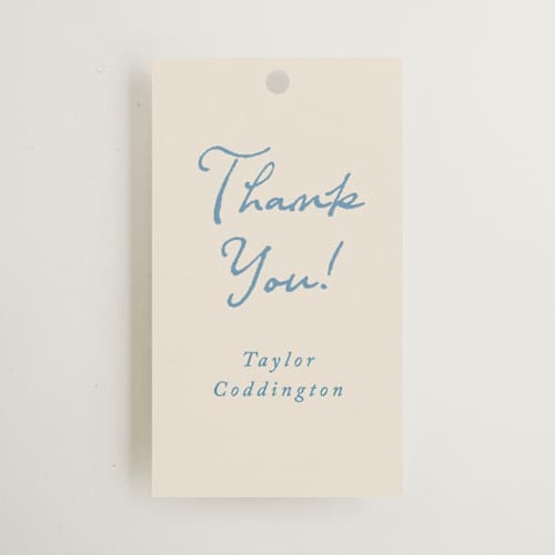 This is a dusty blue gift tags with standard by Cass Loh called ribbon bow drawing printing on signature in tag