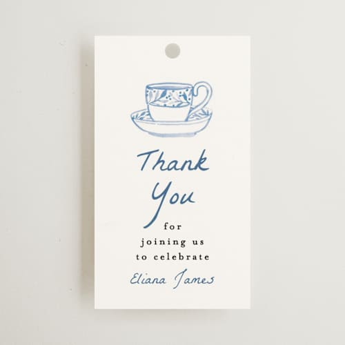 This is a periwinkle gift tags with standard by Alethea and Ruth called tea cup party printing on signature in tag