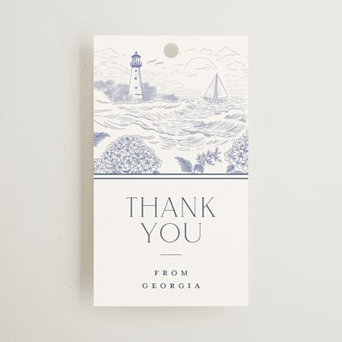 This is a periwinkle gift tags with standard by Jenna Holcomb called coastal toile printing on signature in tag