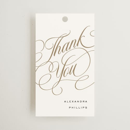 This is a snow gift tags with standard by Stacy Maalouf called bridal shower script printing on signature in tag