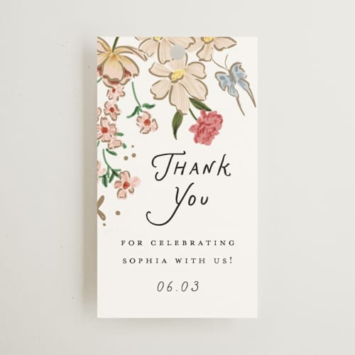This is a sugar gift tags with standard by Leah Bisch called flowers and ribbon printing on signature in tag