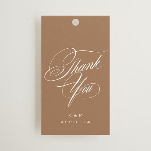 This is a cocoa wedding favor tags with standard by chocomocacino called gelt printing on signature in tag