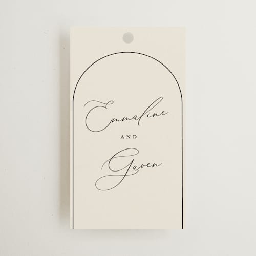 This is a champagne wedding favor tags with standard by Nicoletta Savod called golden ring printing on signature in tag