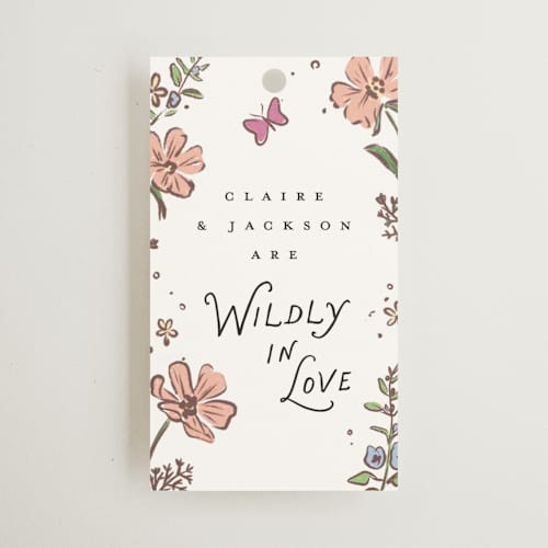 This is a carnation wedding favor tags with standard by Itsy Belle Studio called wildly in love printing on signature in tag
