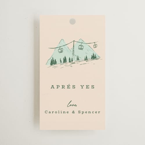 This is a alpine wedding favor tags with standard by Vera Lim called apres yes printing on signature in tag