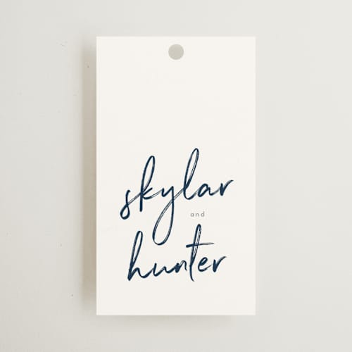 This is a navy wedding favor tags with standard by Phrosné Barwood called funky names printing on signature in tag