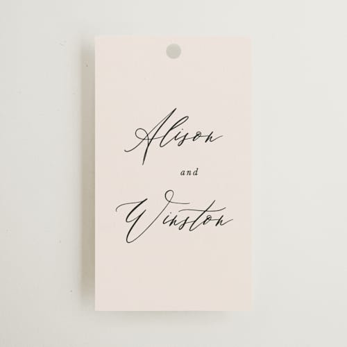 This is a taupe wedding favor tags with standard by Leah Bisch called timeless printing on signature in tag