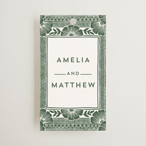 This is a fern wedding favor tags with standard by Katharine Watson called block print frame printing on signature in tag