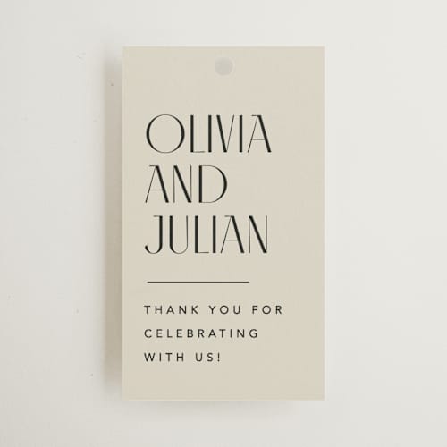 This is a sand wedding favor tags with standard by Robert and Stella called modern stack printing on signature in tag