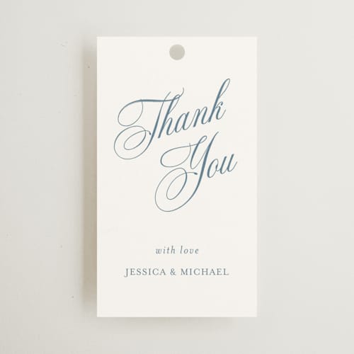This is a dusty blue wedding favor tags with standard by Jennifer Postorino called empire printing on signature in tag
