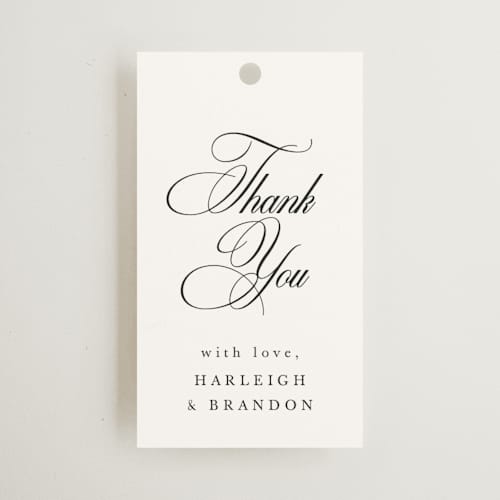 This is a snow wedding favor tags with standard by Sarah Brown called traditionalist printing on signature in tag