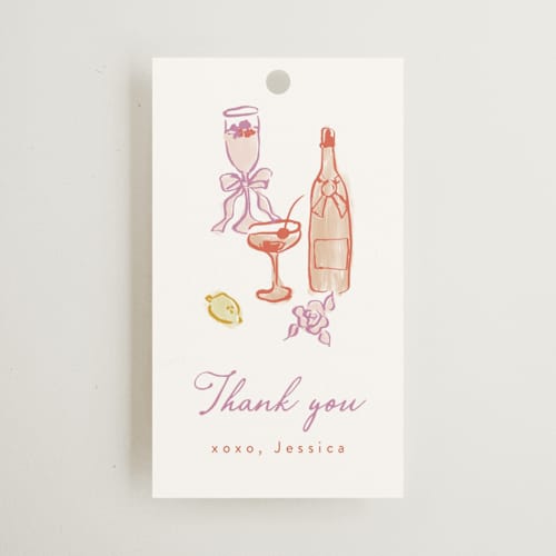 This is a orchid wedding favor tags with standard by Cass Loh called cocktails and laughter printing on signature in tag