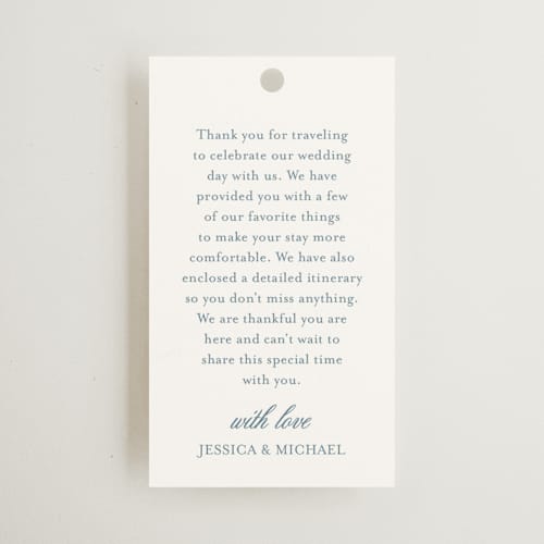 This is a dusty blue wedding favor tags with standard by Jennifer Postorino called empire printing on signature in tag