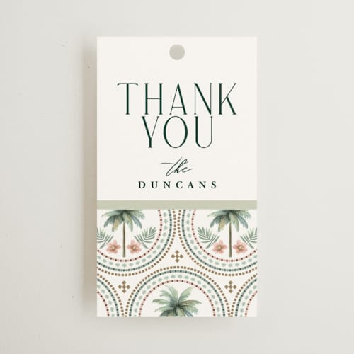 This is a sand wedding favor tags with standard by Maria Alou called vintage palms printing on signature in tag