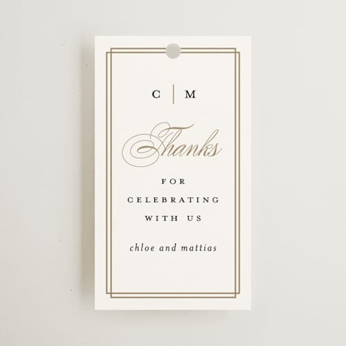 This is a linen wedding favor tags with standard by Erica Krystek called timeless printing on signature in tag