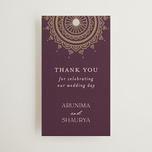 This is a plum wedding favor tags with standard by Randi Cirelli called arunima printing on signature in tag