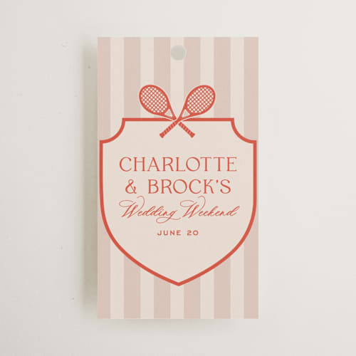 This is a verona sunset wedding favor tags with standard by Megan Davis called racquet printing on signature in tag