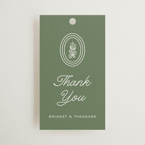 This is a leaf wedding favor tags with standard by Kate Ahn called court printing on signature in tag