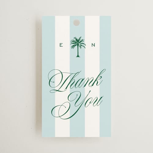 This is a low tide wedding favor tags with standard by Susan Zinader called island palm printing on signature in tag